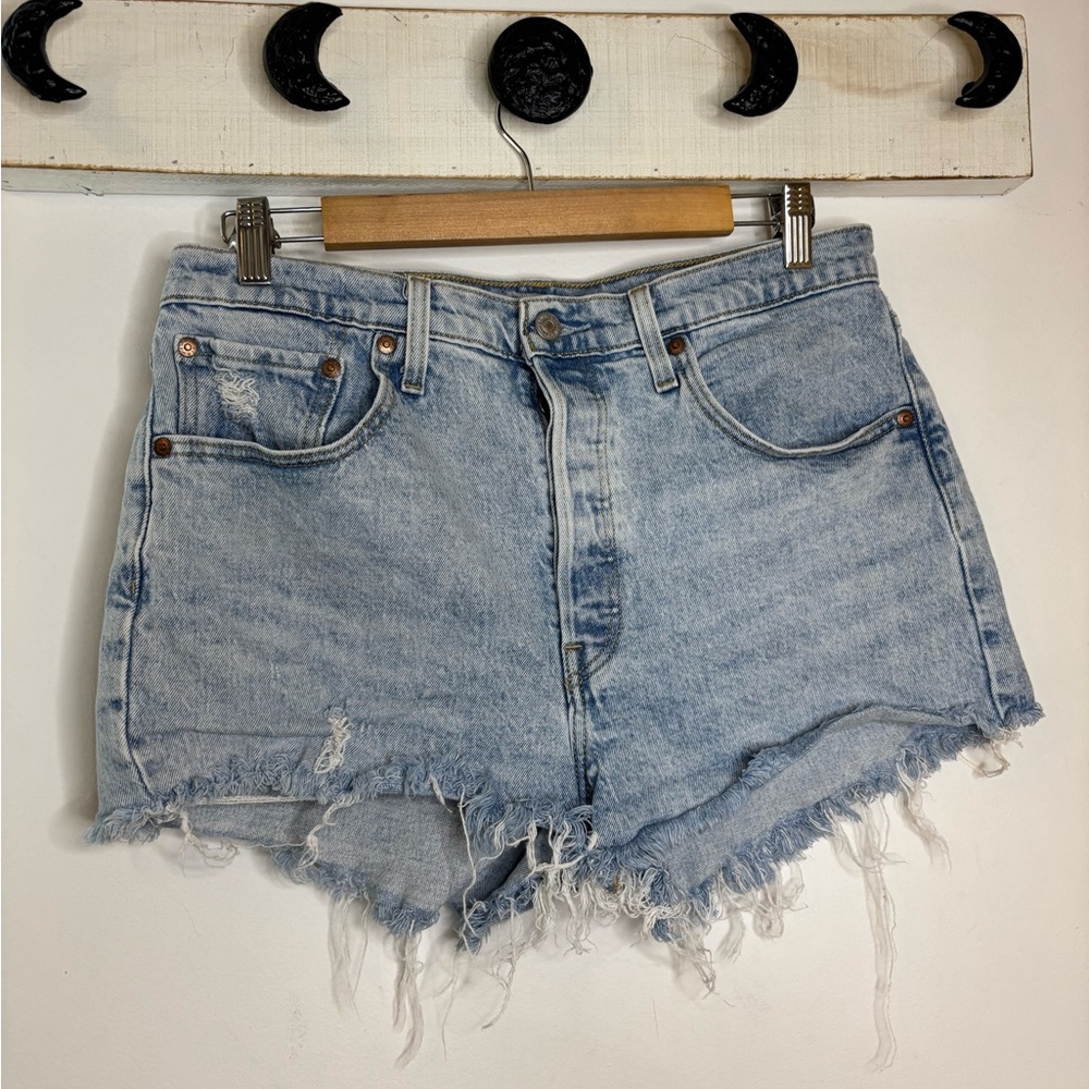 Levi's Premium 501 Light Blue Distressed Denim Shorts - Picture 2 of 9